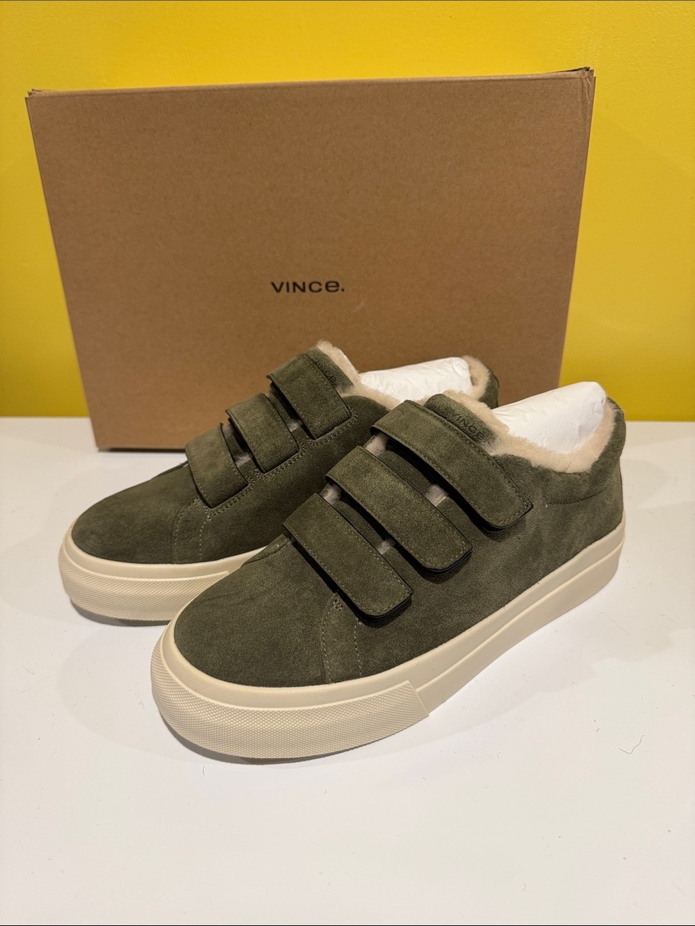Vince Olive Green Suede Velcro Sneakers